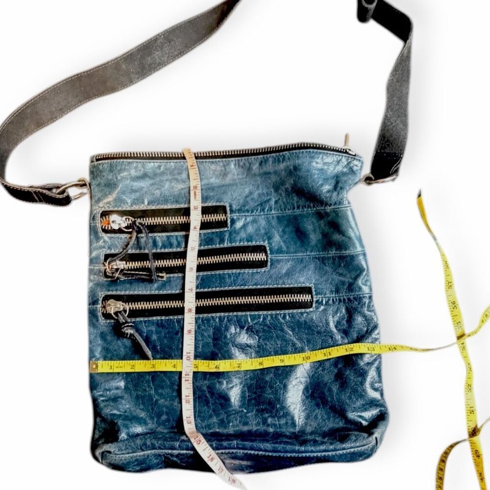 TANO Women’s Teal Blue Leather Multi Zipper Crossbody Shoulder Bag - Picture 4 of 6